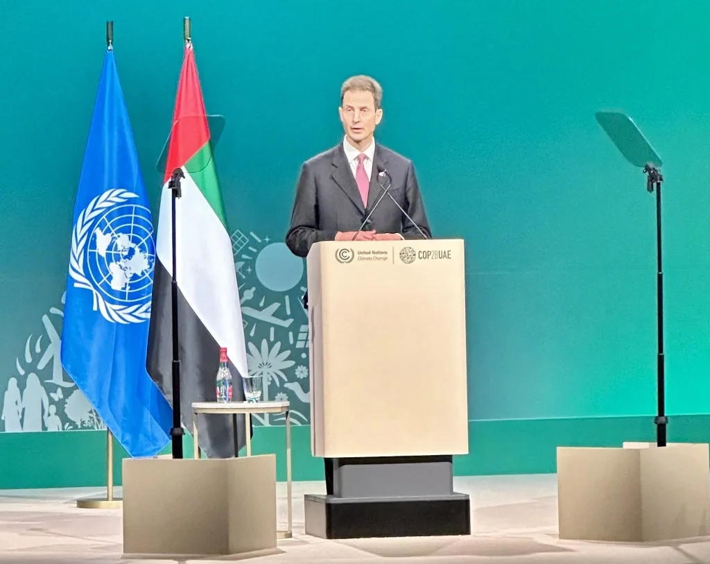 S.D. Erbprinz Alois von und zu Liechtenstein anlässlich seiner Rede an der COP28 im Rahmen des Treffen der Staats- und Regierungschefs am 1. und 2. Dezember 2023 in Dubai, Vereinigte Arabische Emirate.