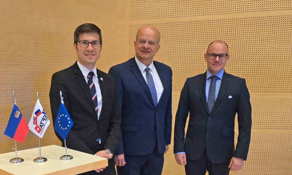 Die Abg. Sebastian Gassner (l.) und Roger Schädler (r.) mit EU-Parlamentarier Christophe Grudler (Vizepräsident des EWR-Treffens)