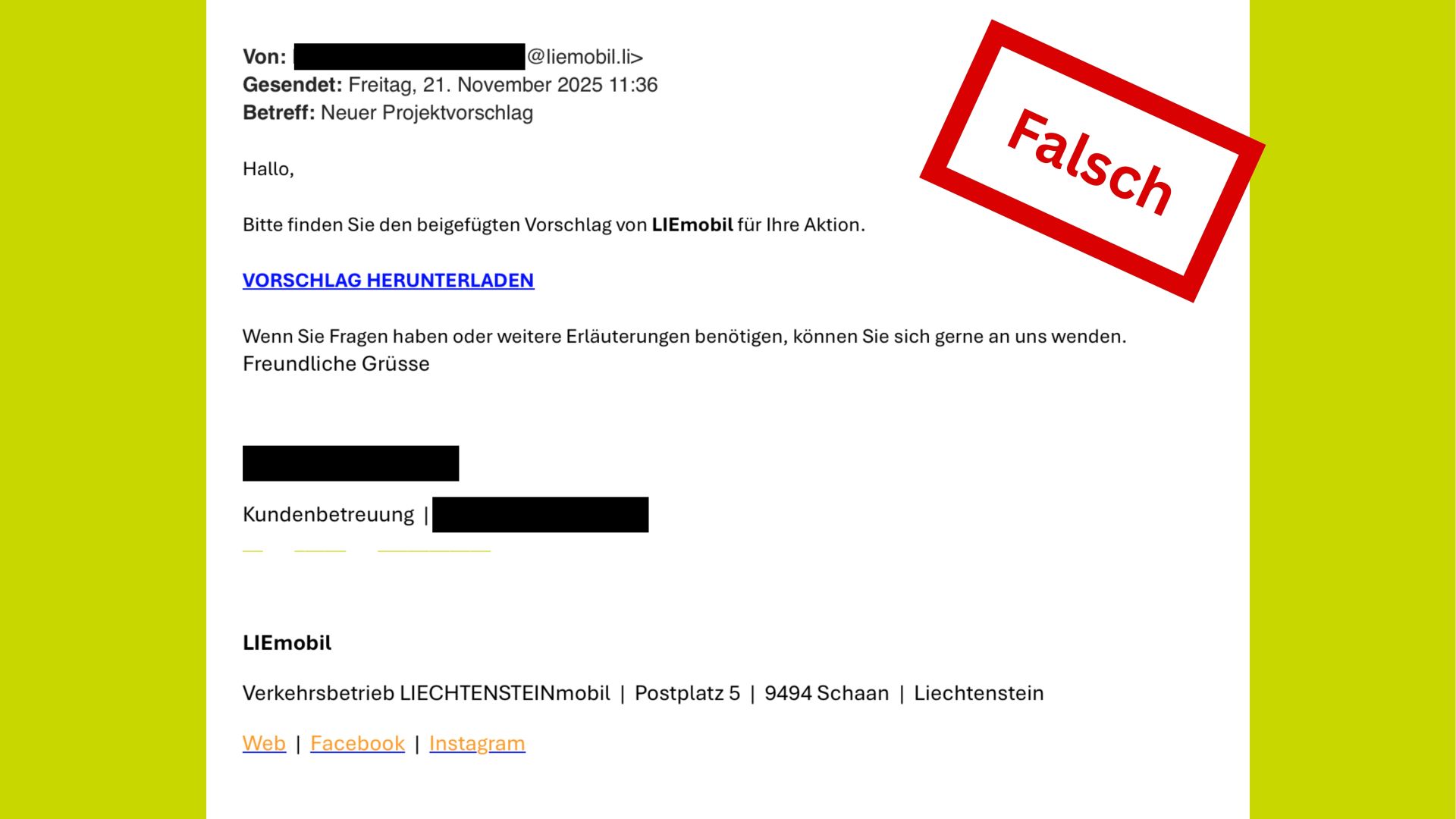Gefälschte E-Mail im Namen von LIEmobil im Umlauf
